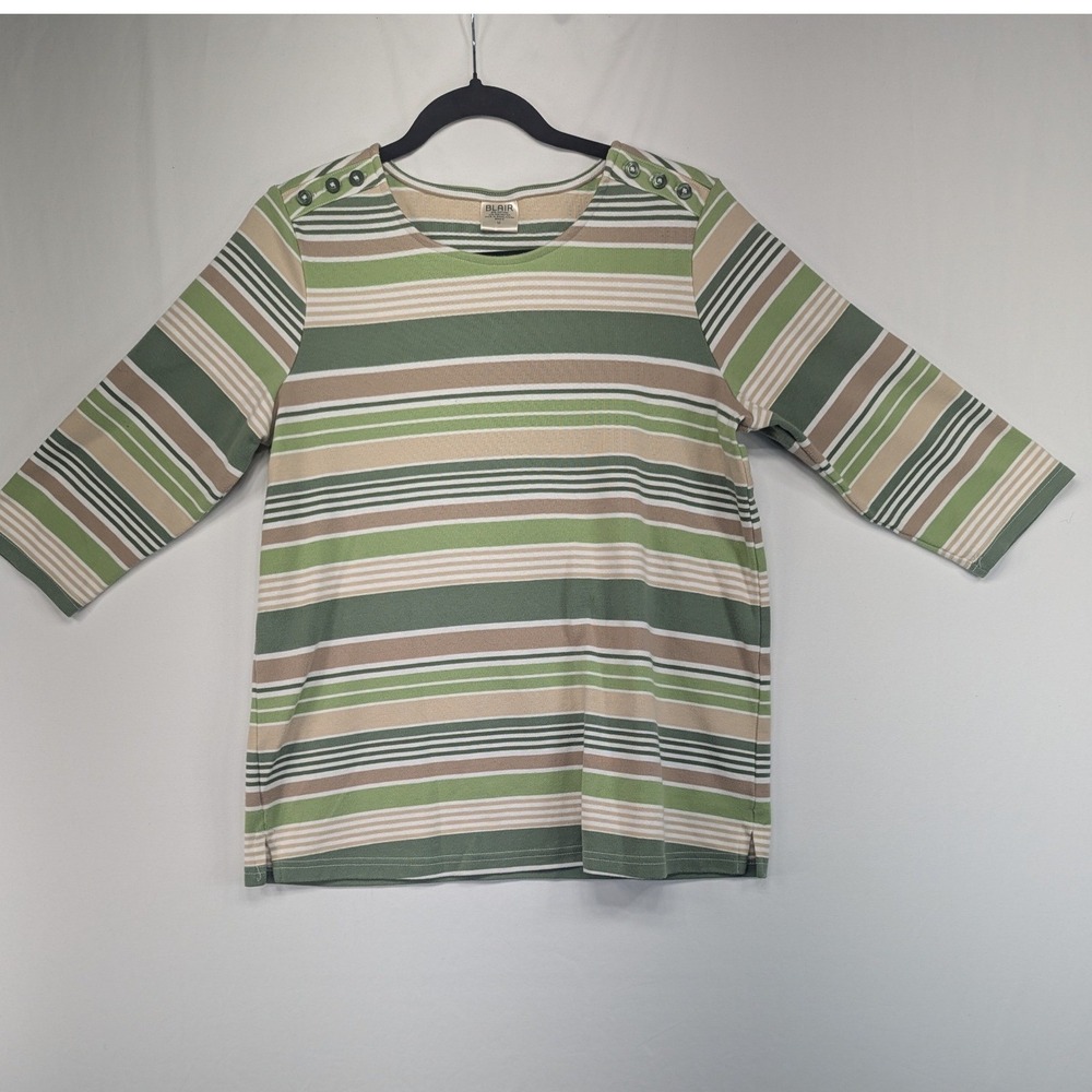 Blair Womens Green Tan Striped 3/4 Sleeve Button Shoulder Boat Neck Top Size M